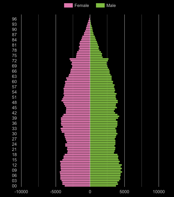 Bradford population pyramid by year