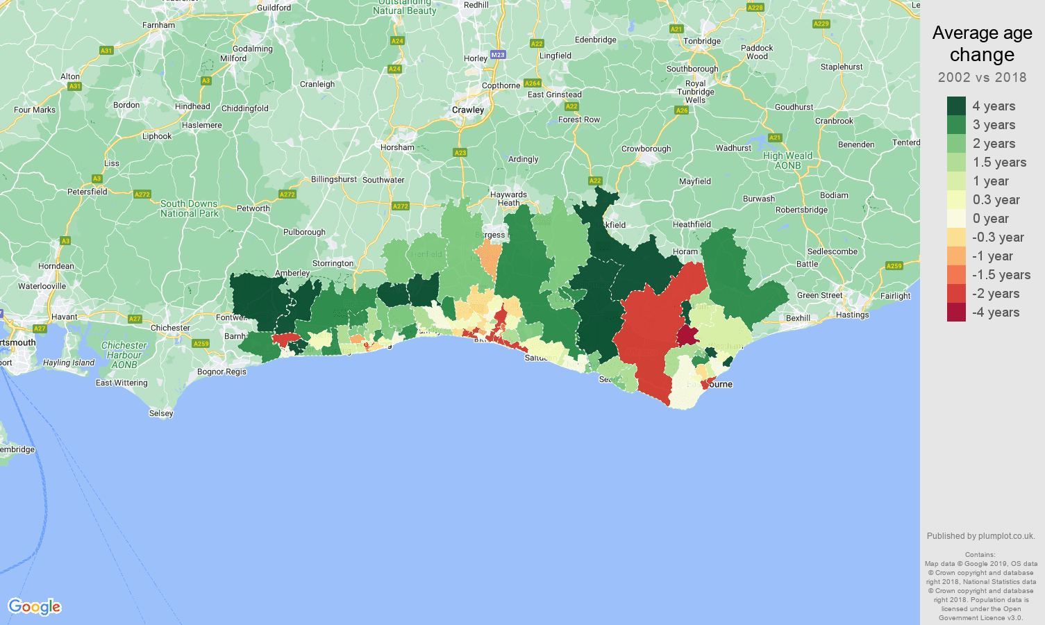 Brighton average age change map