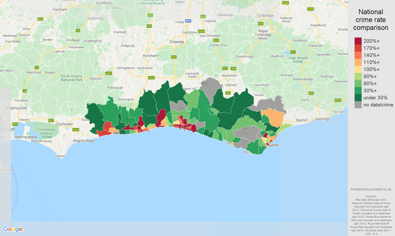Brighton bicycle theft crime rate comparison map