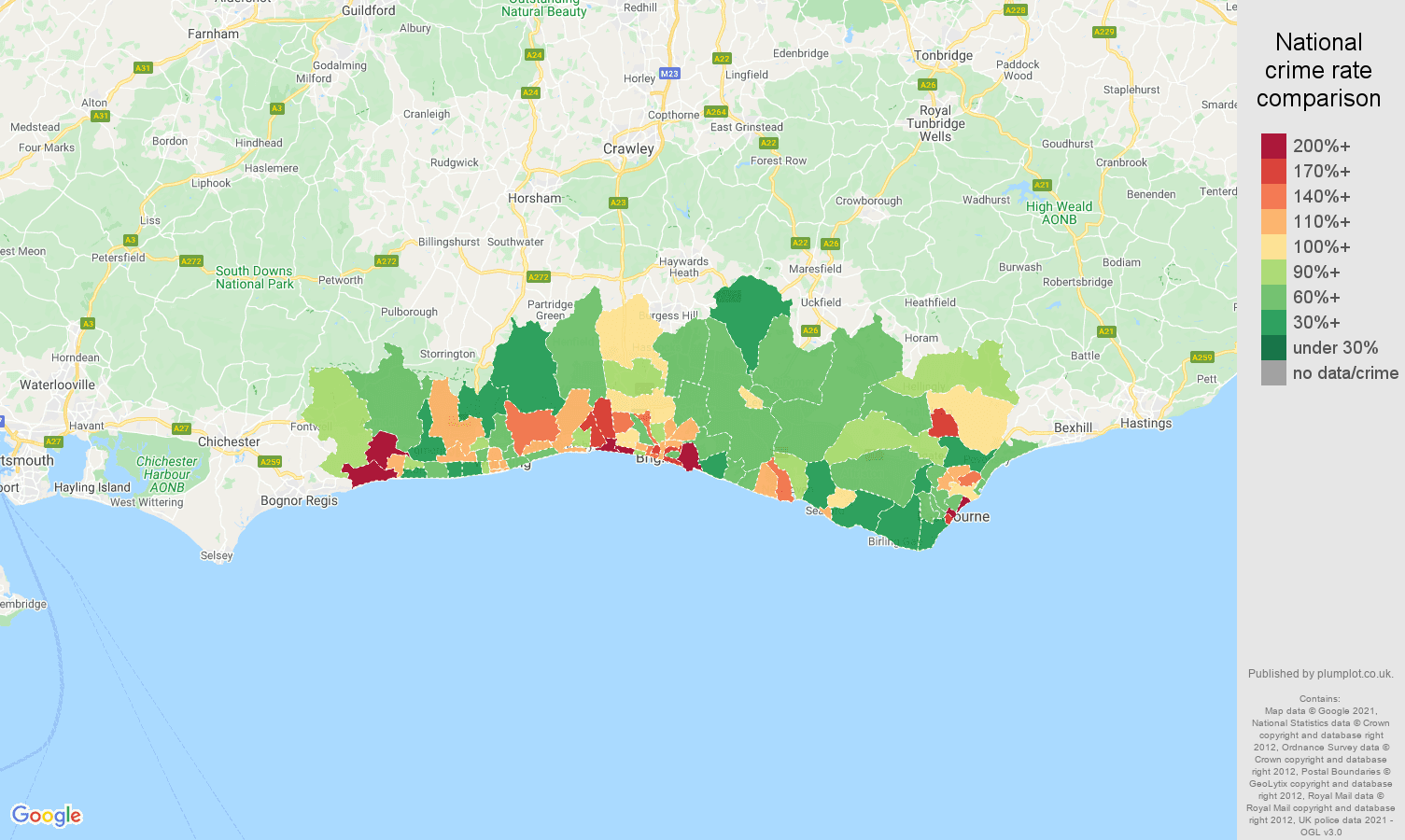 Brighton criminal damage and arson crime rate comparison map