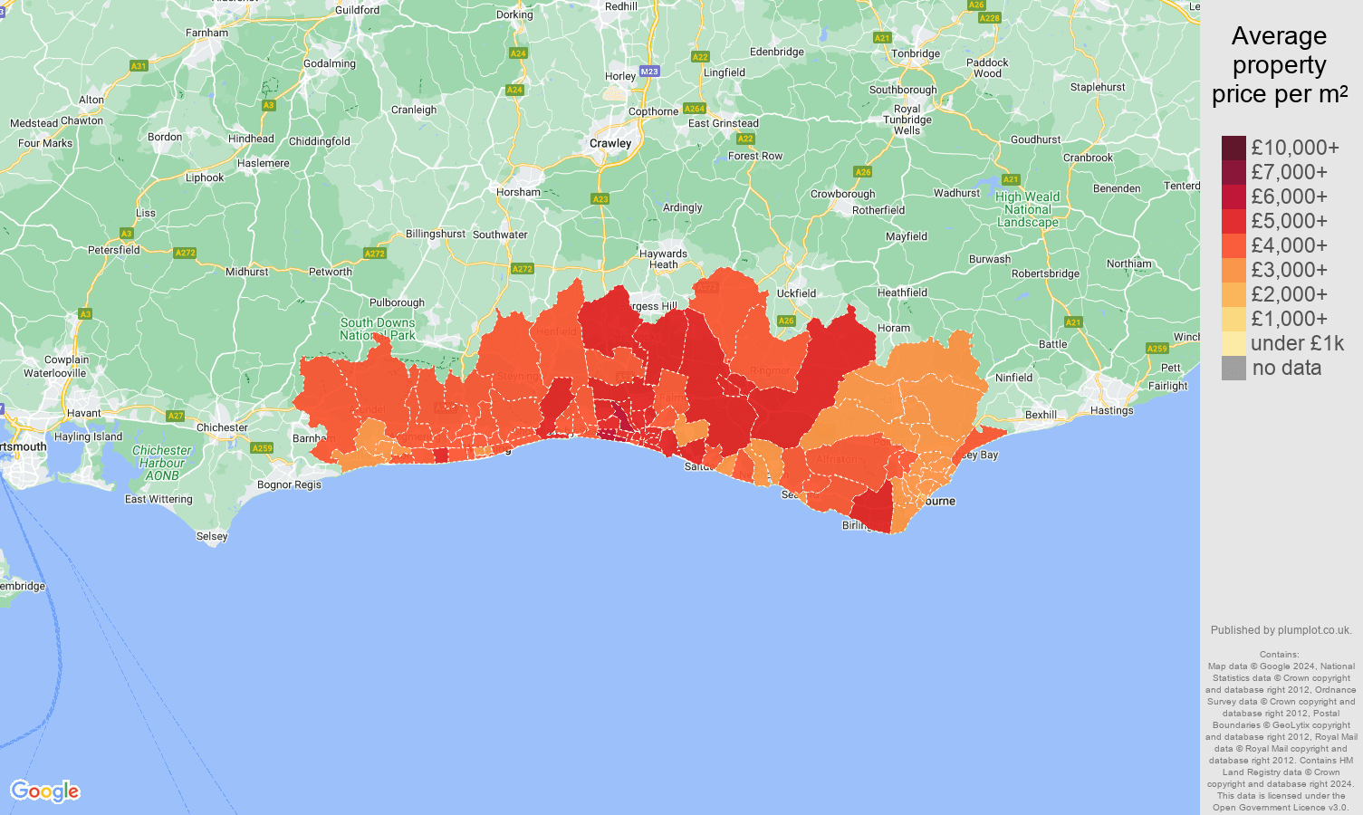 Brighton house prices per square metre map