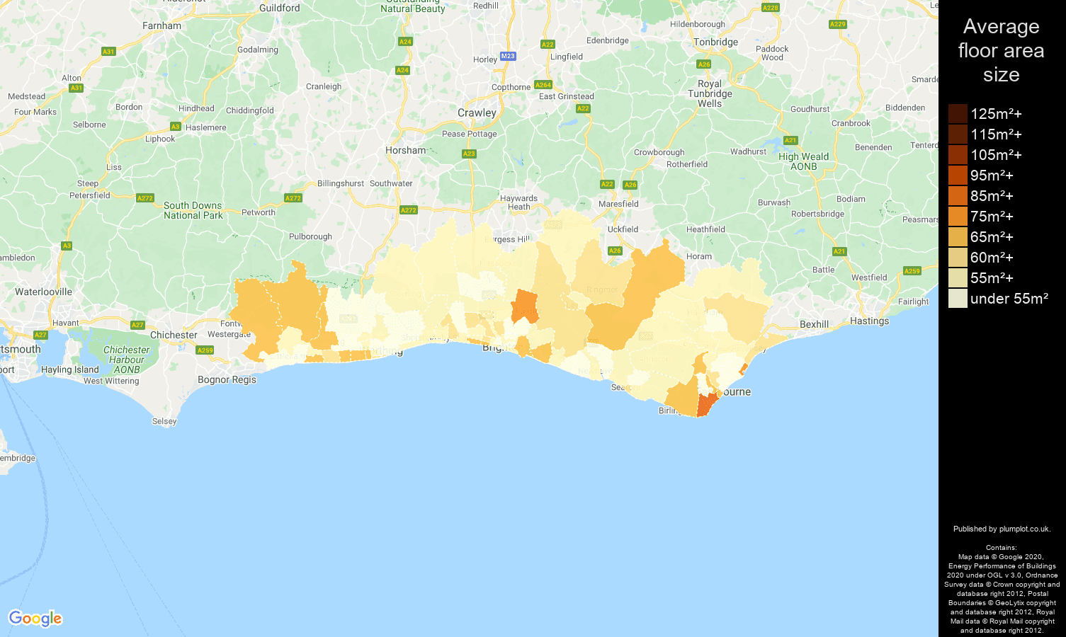 Brighton map of average floor area size of flats