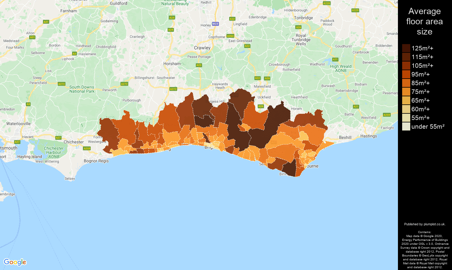 Brighton map of average floor area size of properties