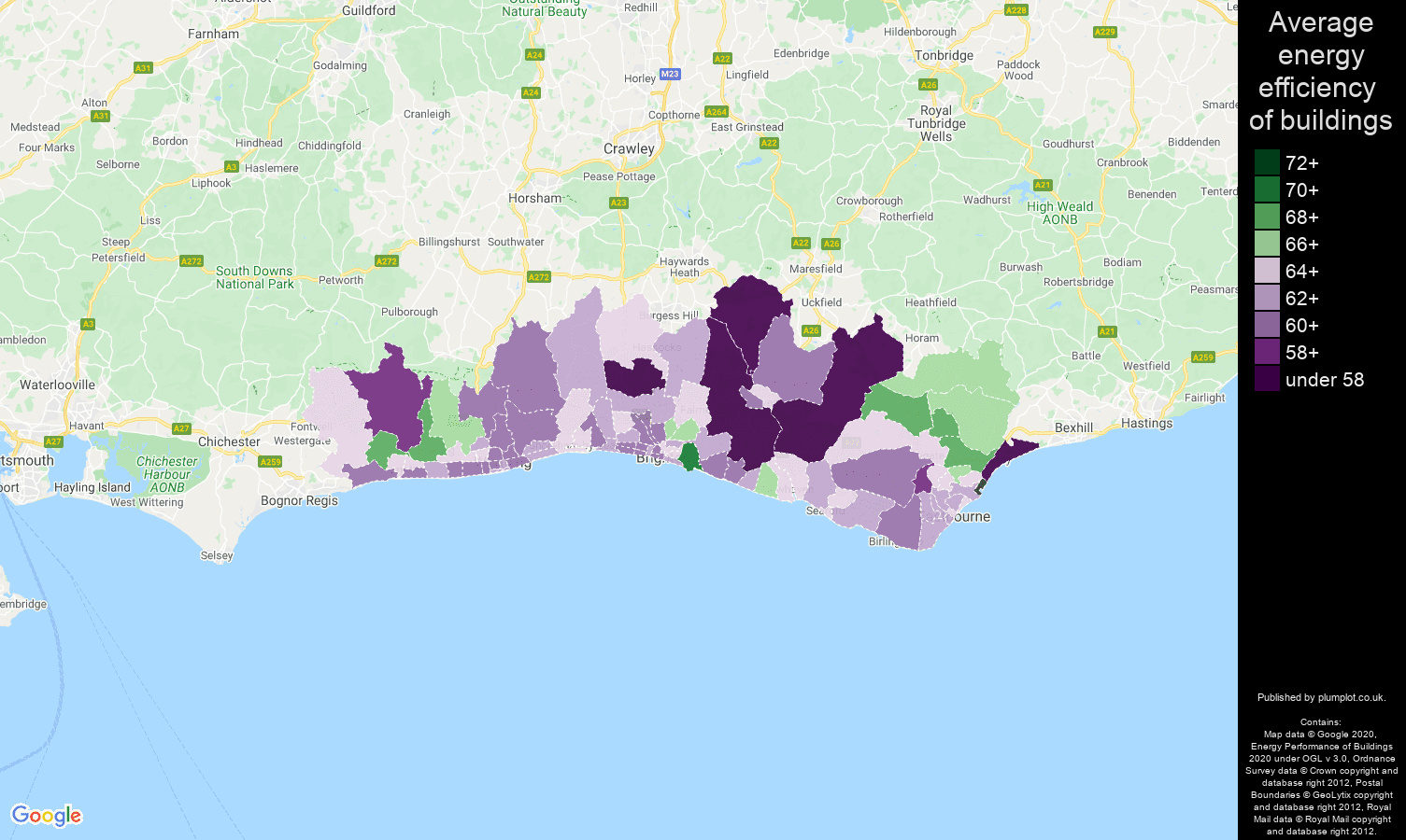 Brighton map of energy efficiency of properties