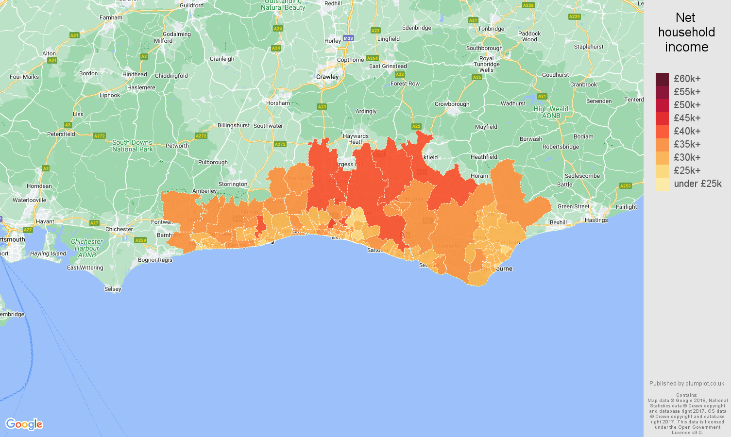 Brighton net household income map