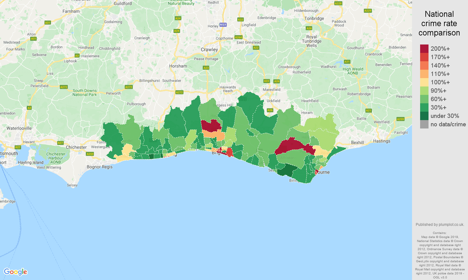 Brighton other theft crime rate comparison map