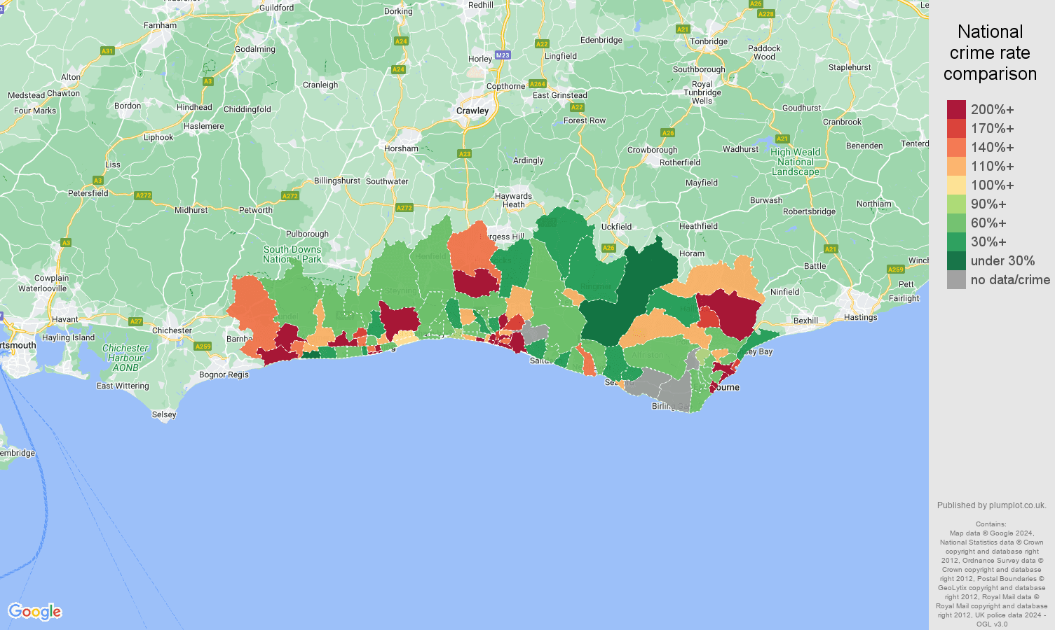 Brighton possession of weapons crime rate comparison map