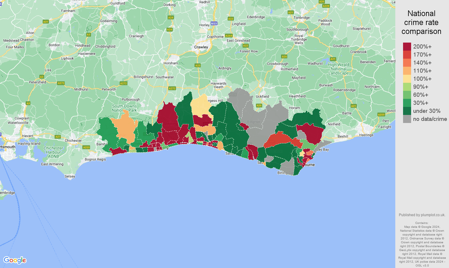 Brighton shoplifting crime rate comparison map