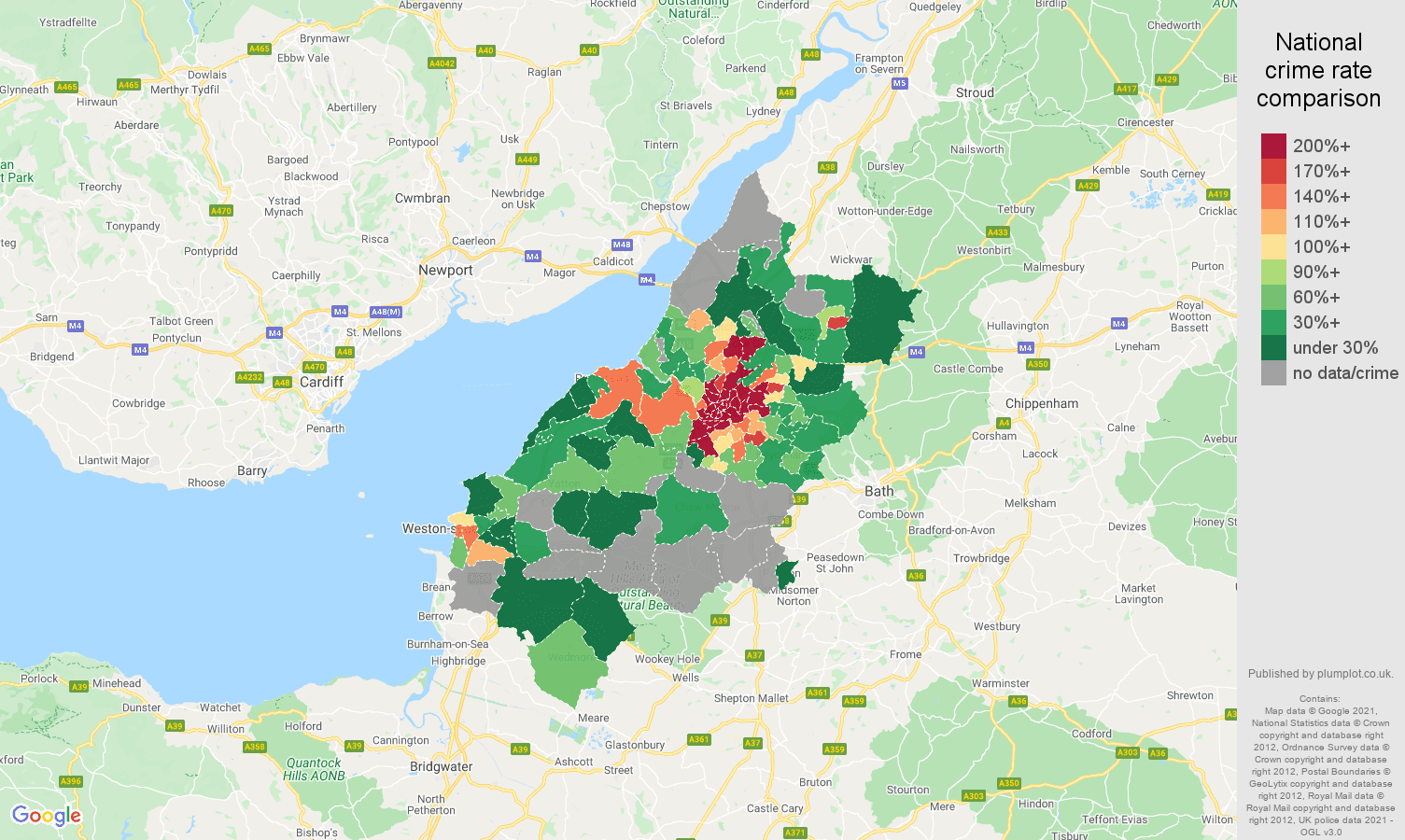 Bristol bicycle theft crime rate comparison map