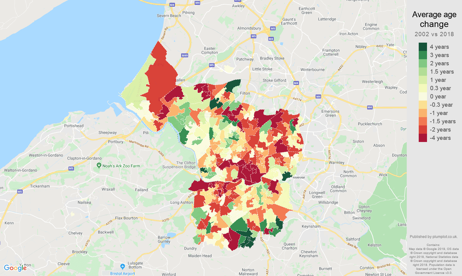 Bristol county average age change map