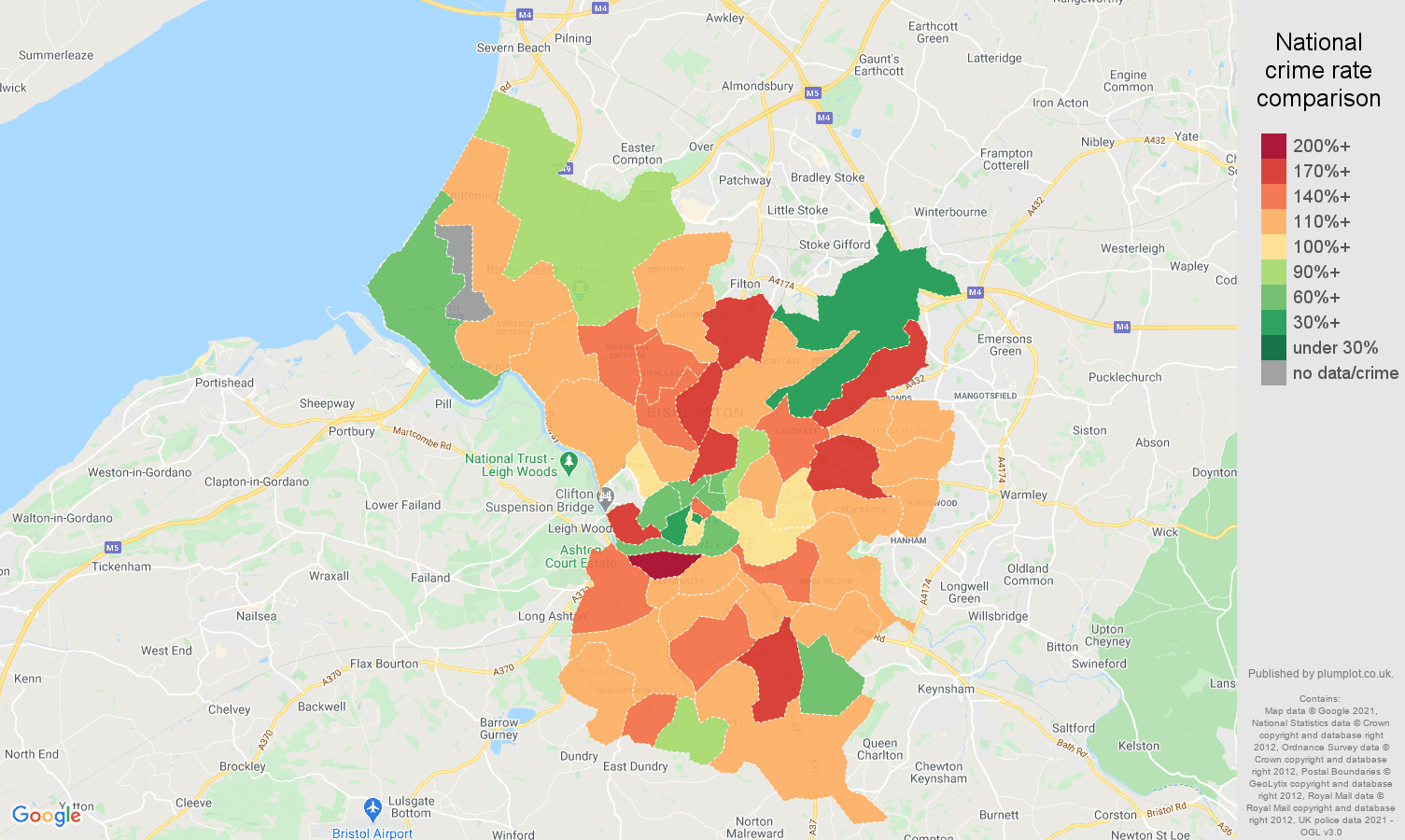 Bristol county burglary crime rate comparison map