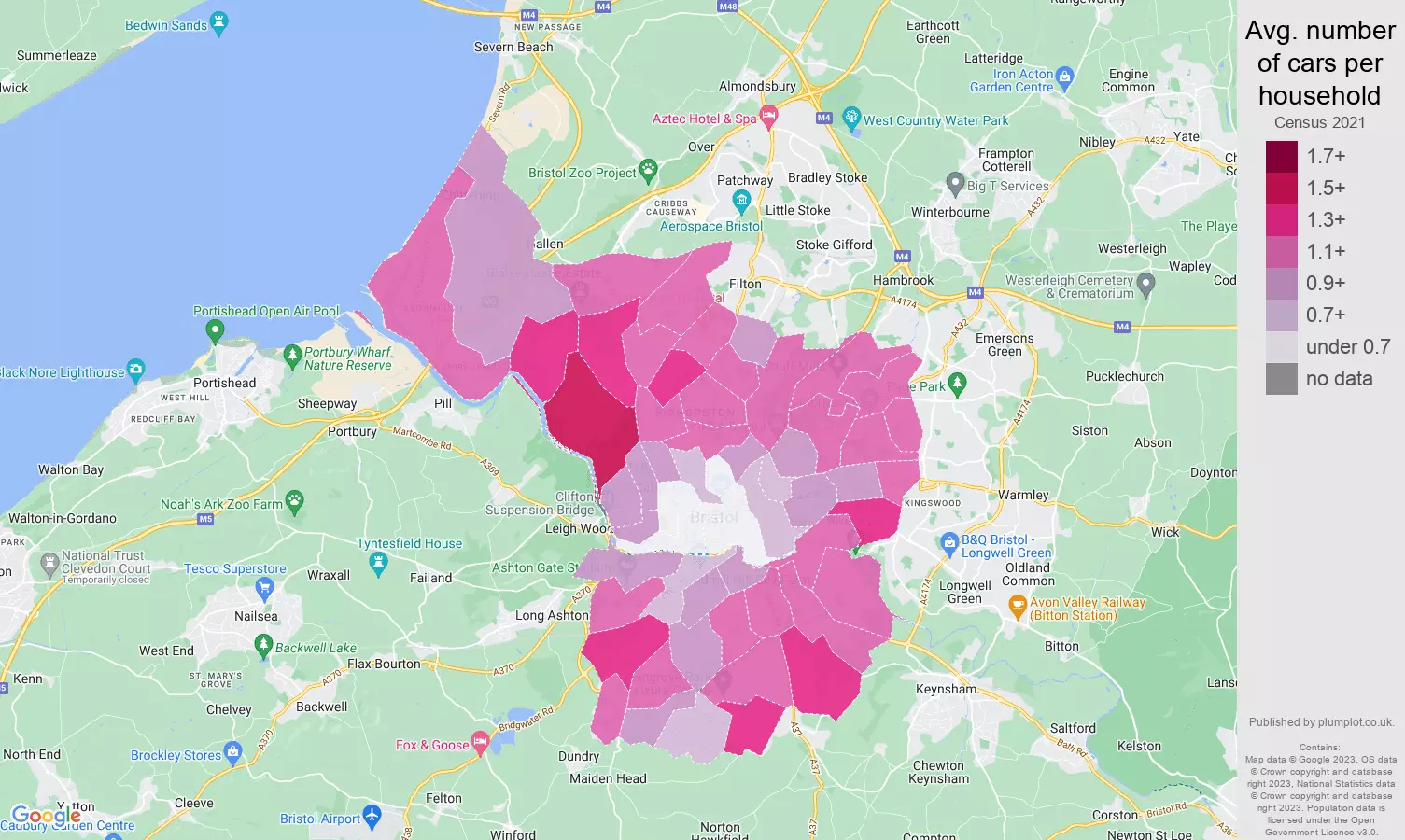 Bristol county cars per household map