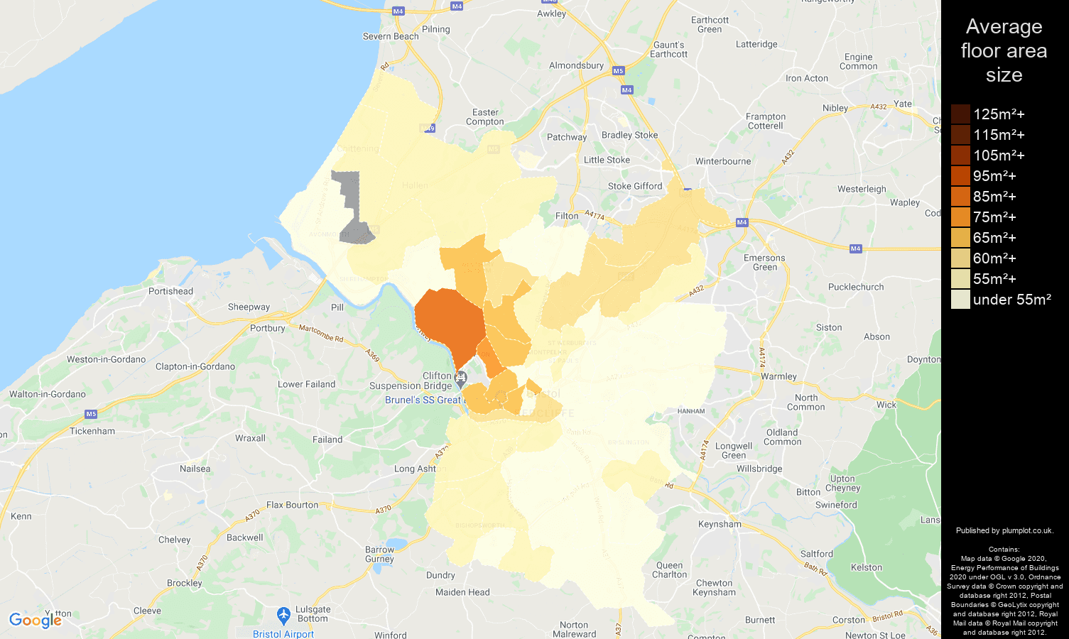 Bristol county map of average floor area size of flats