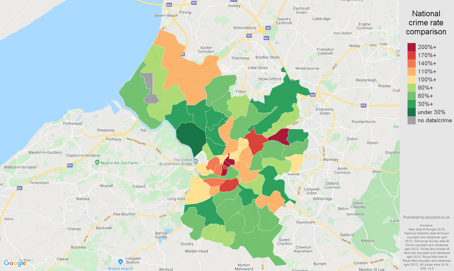 Bristol county other theft crime rate comparison map