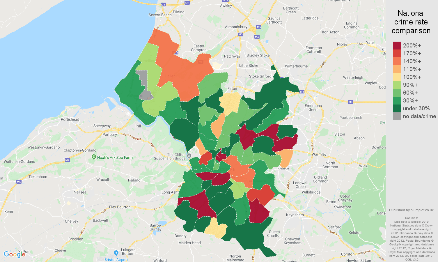 Bristol county shoplifting crime rate comparison map