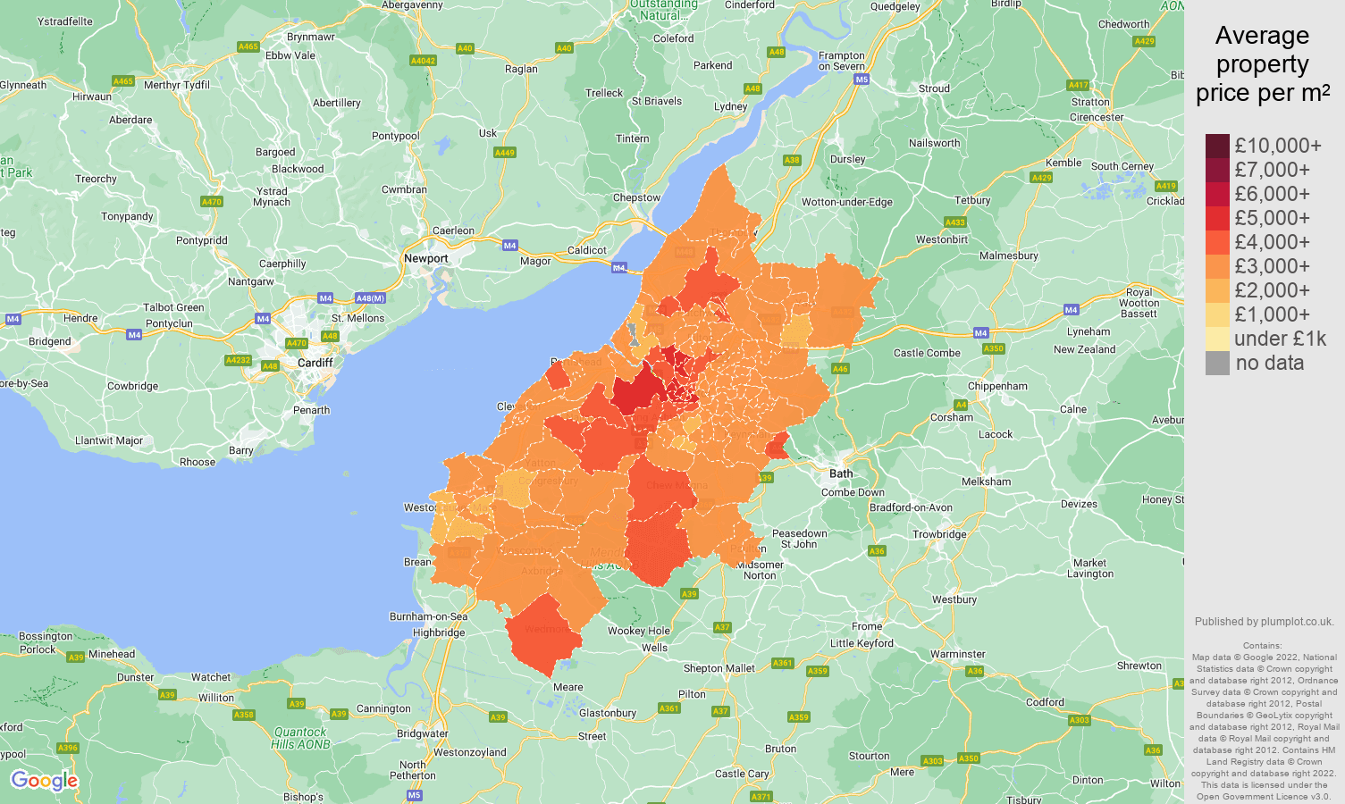 Bristol house prices per square metre map