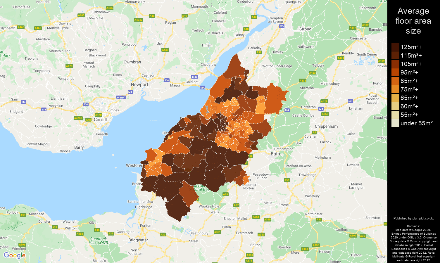 Bristol map of average floor area size of houses