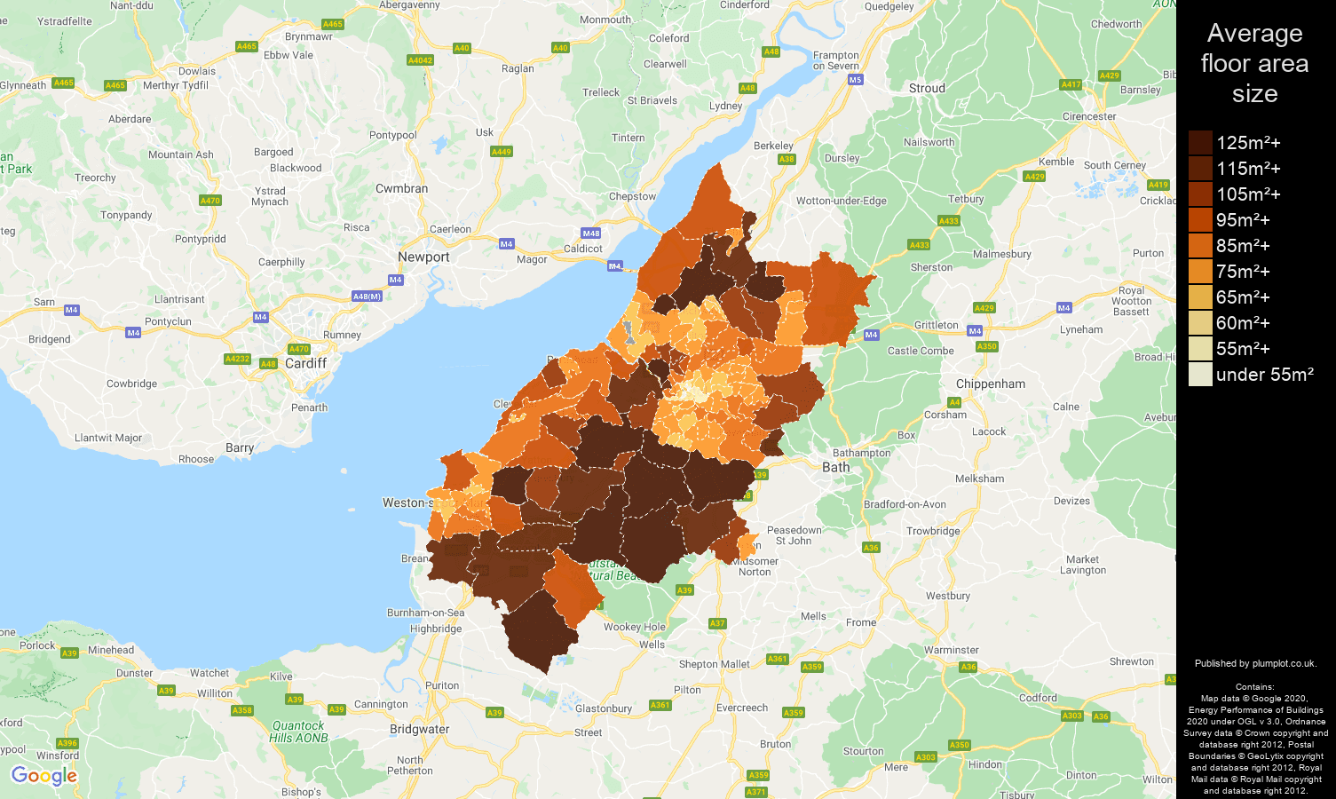 Bristol map of average floor area size of properties