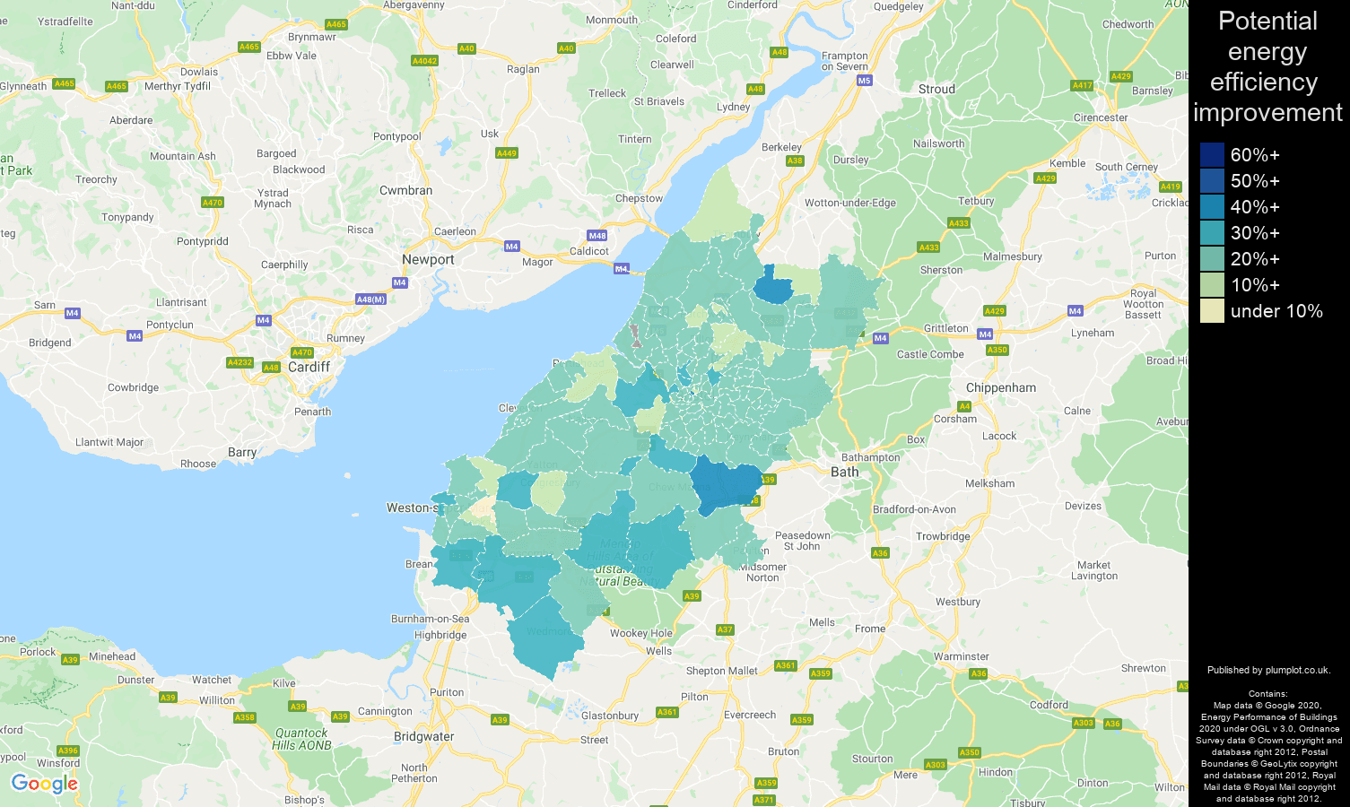 Bristol map of potential energy efficiency improvement of houses