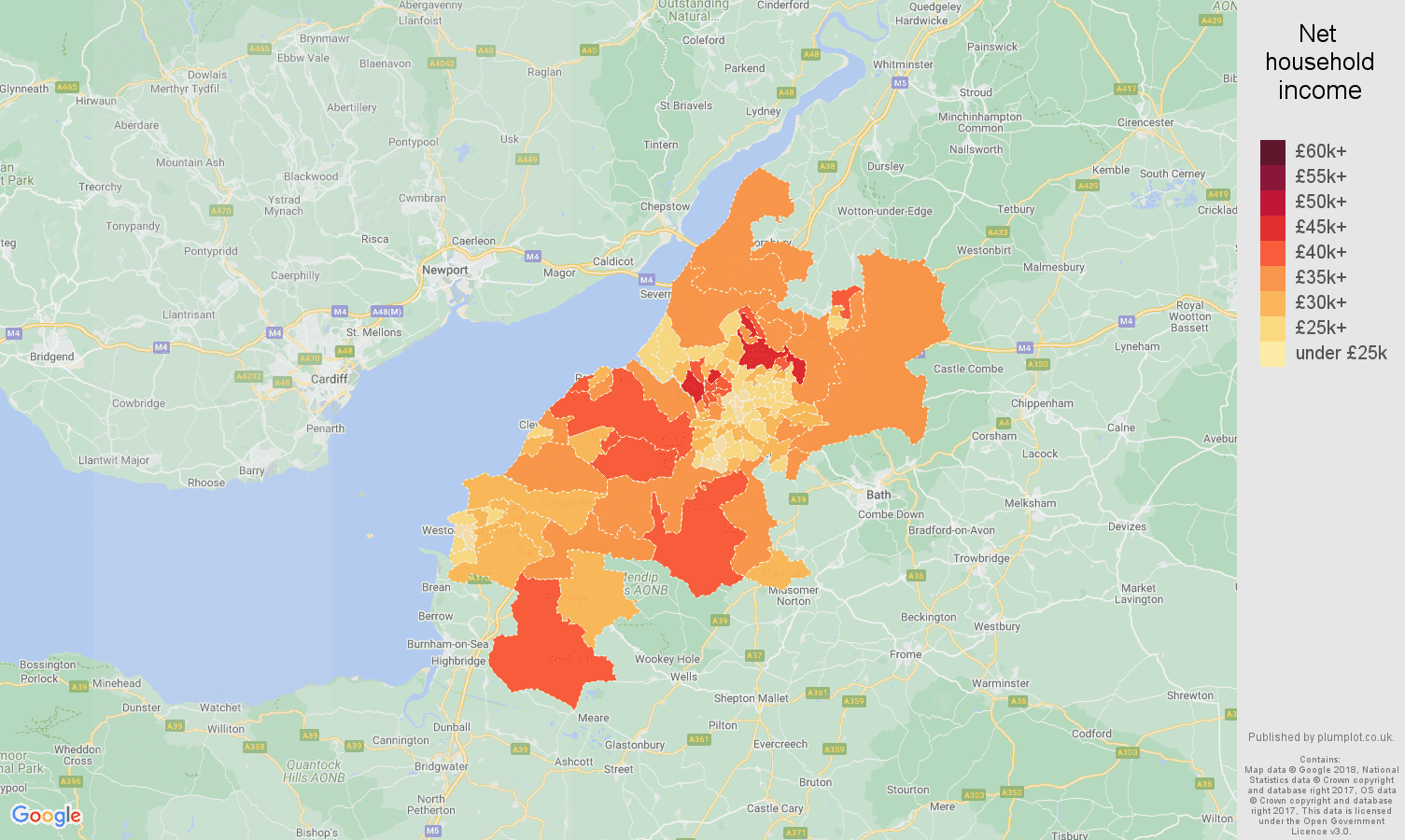 Bristol net household income map