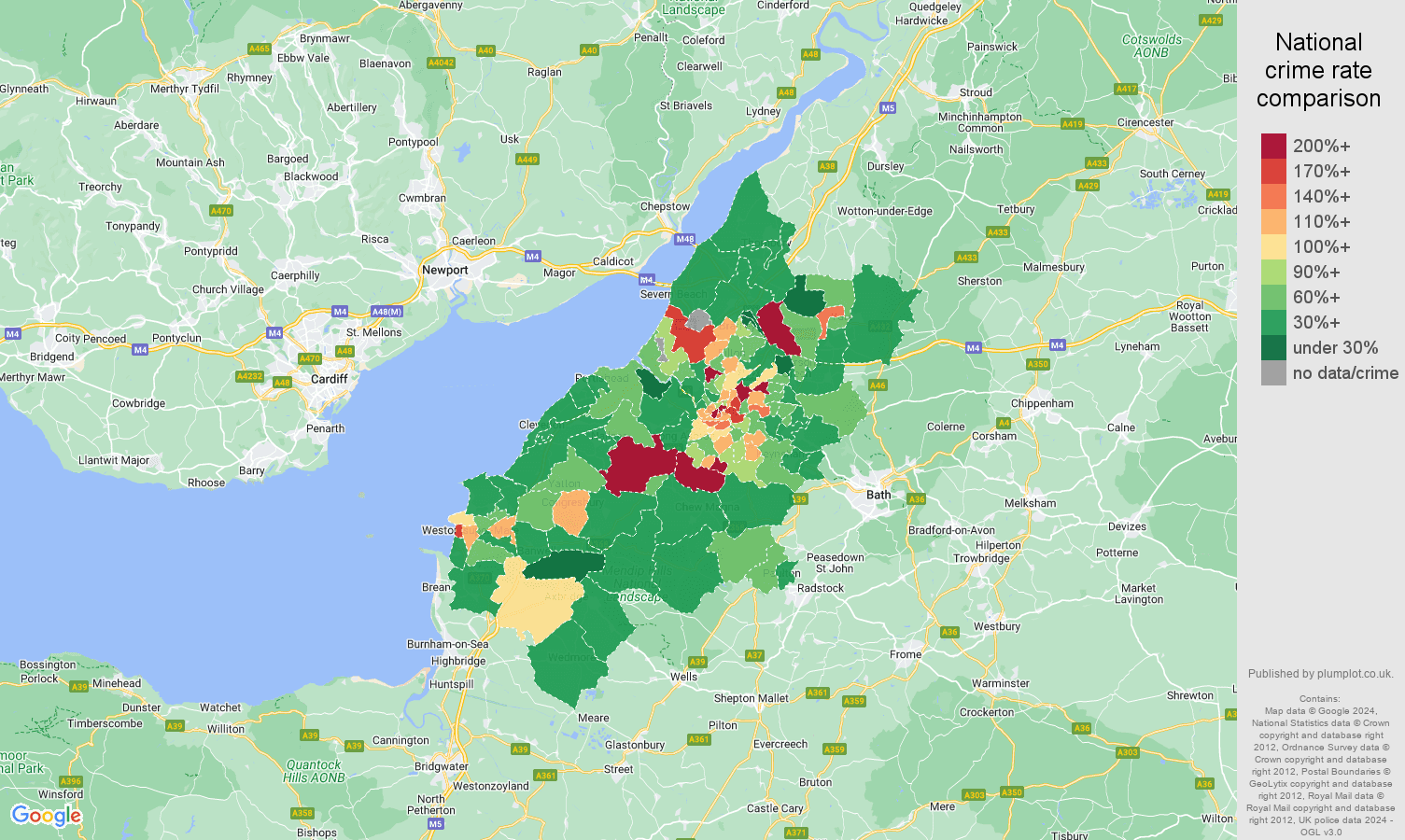 Bristol other theft crime rate comparison map