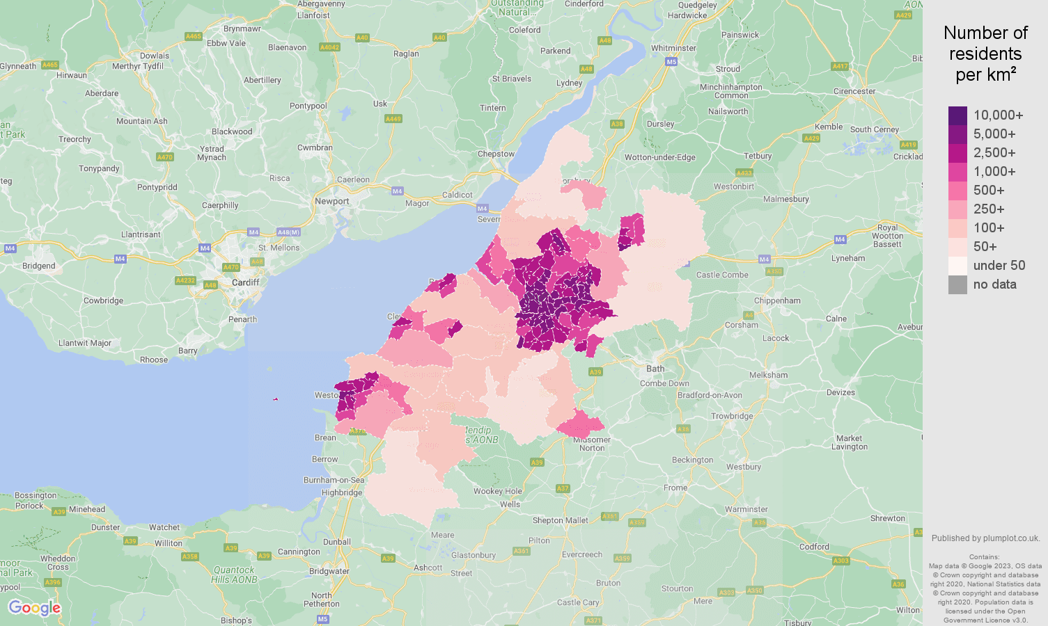 Bristol population density map