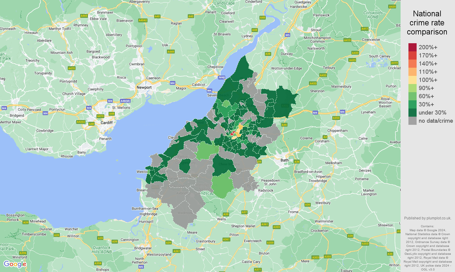 Bristol theft from the person crime rate comparison map
