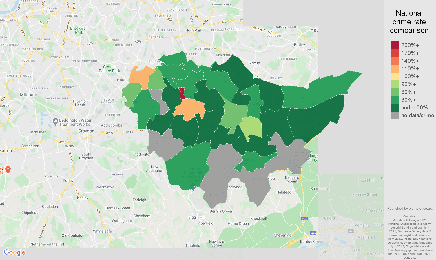 Bromley bicycle theft crime rate comparison map
