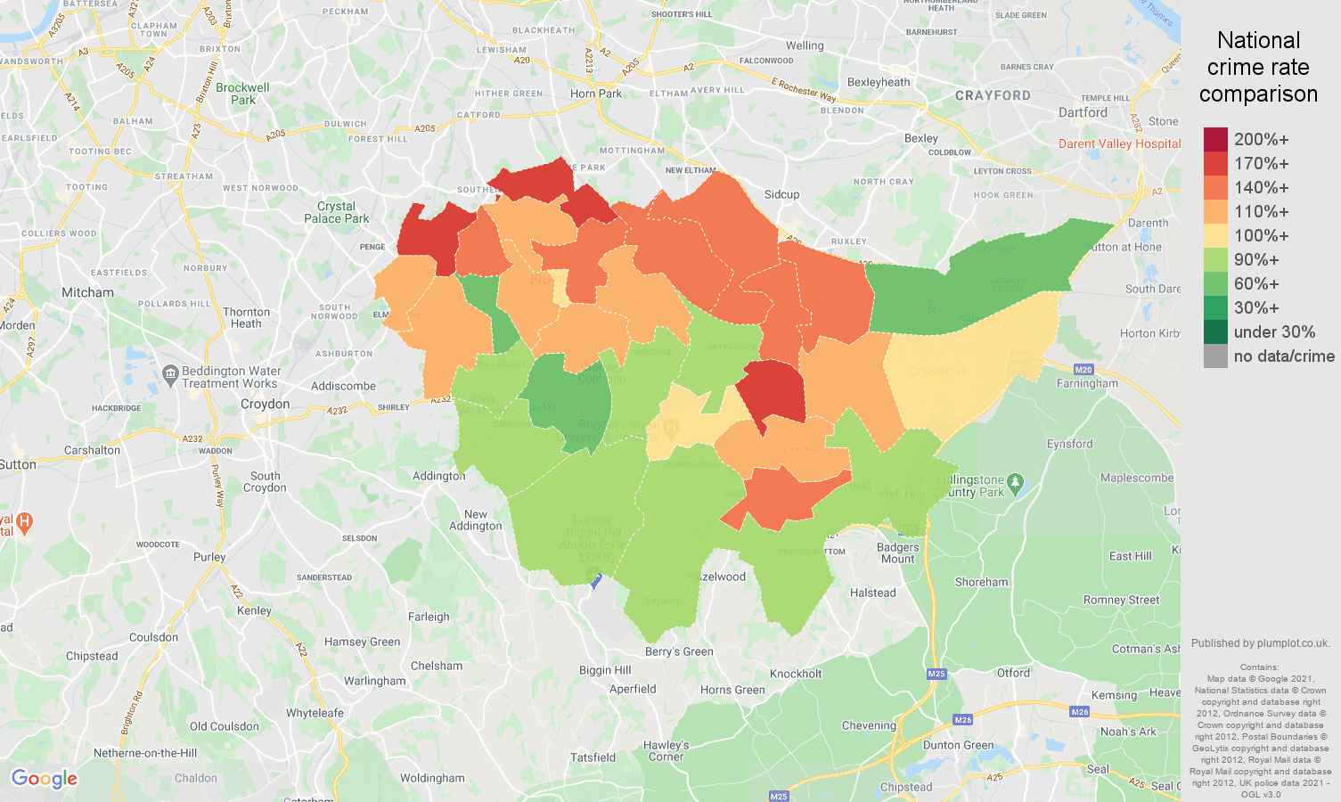Bromley burglary crime rate comparison map