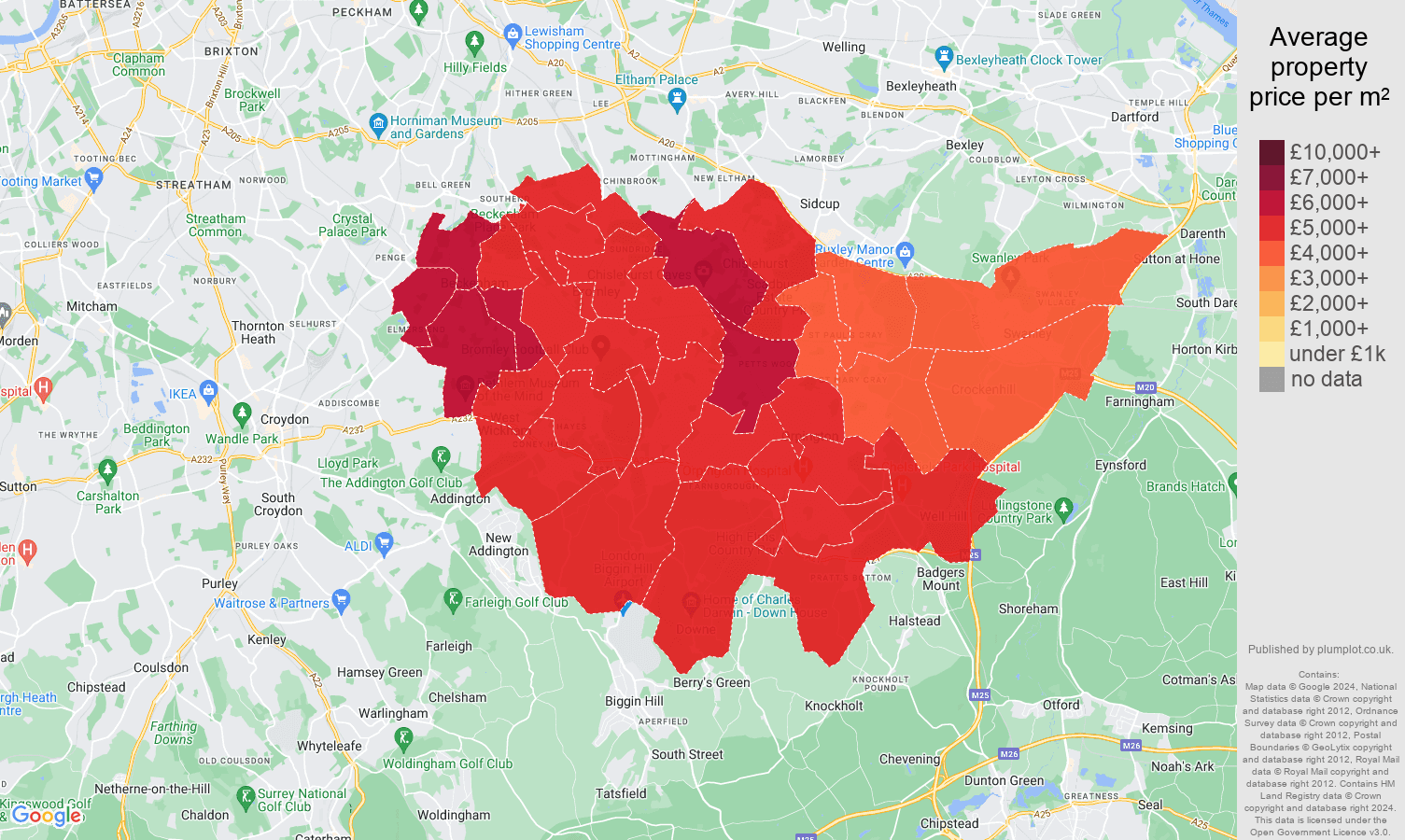 Bromley house prices per square metre map