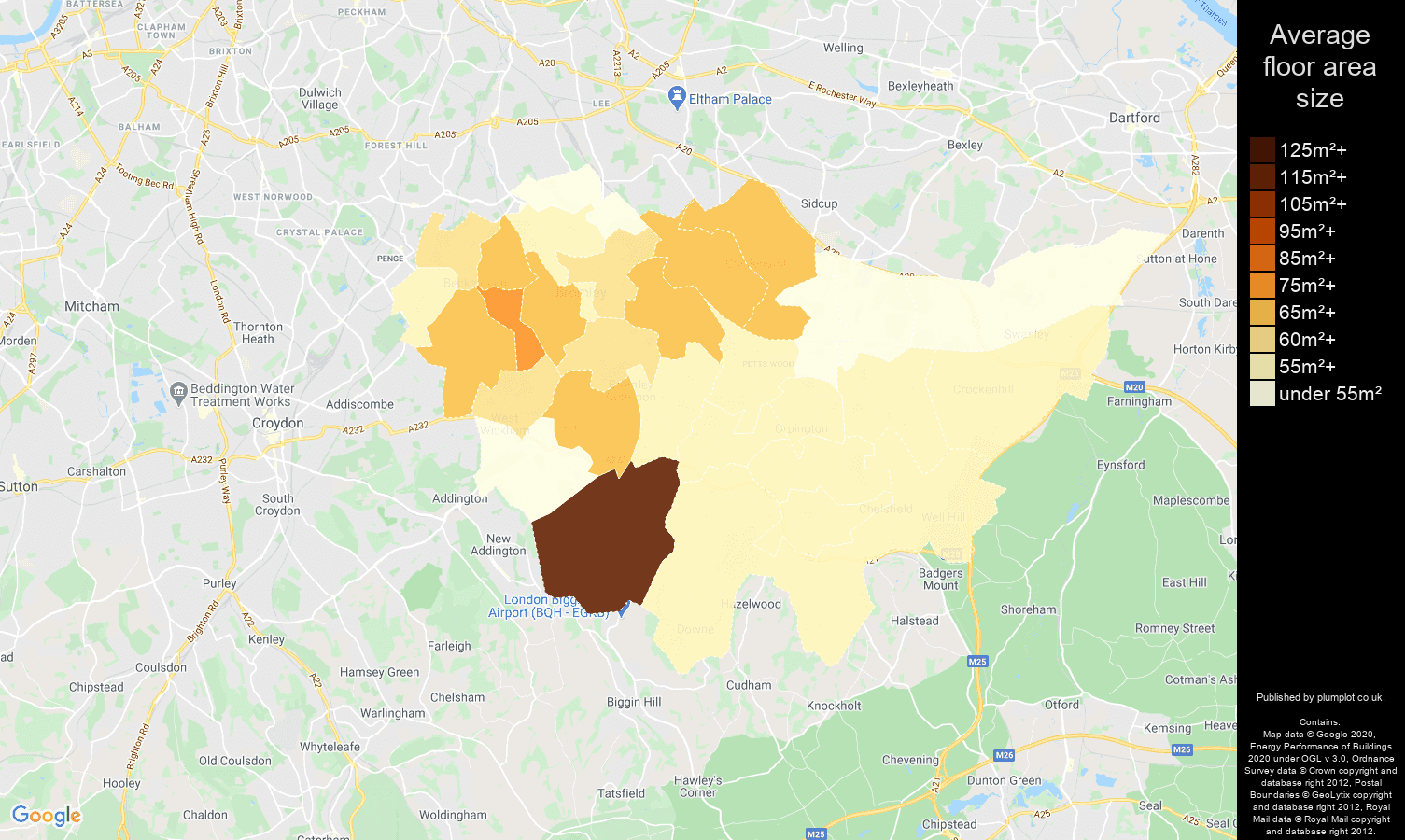 Bromley map of average floor area size of flats