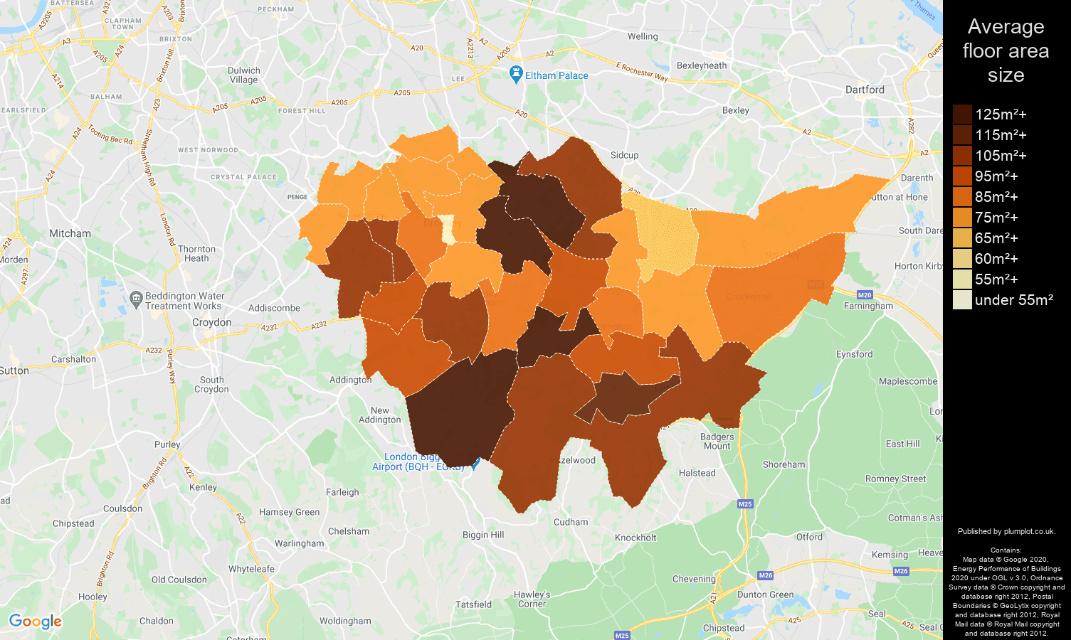 Bromley map of average floor area size of properties