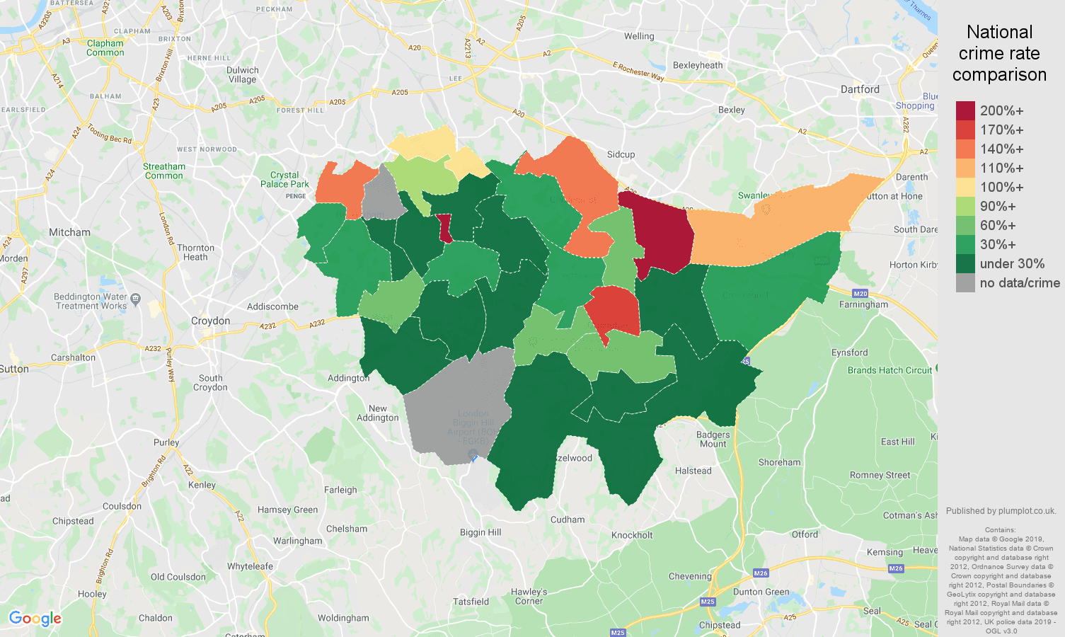 Bromley shoplifting crime rate comparison map
