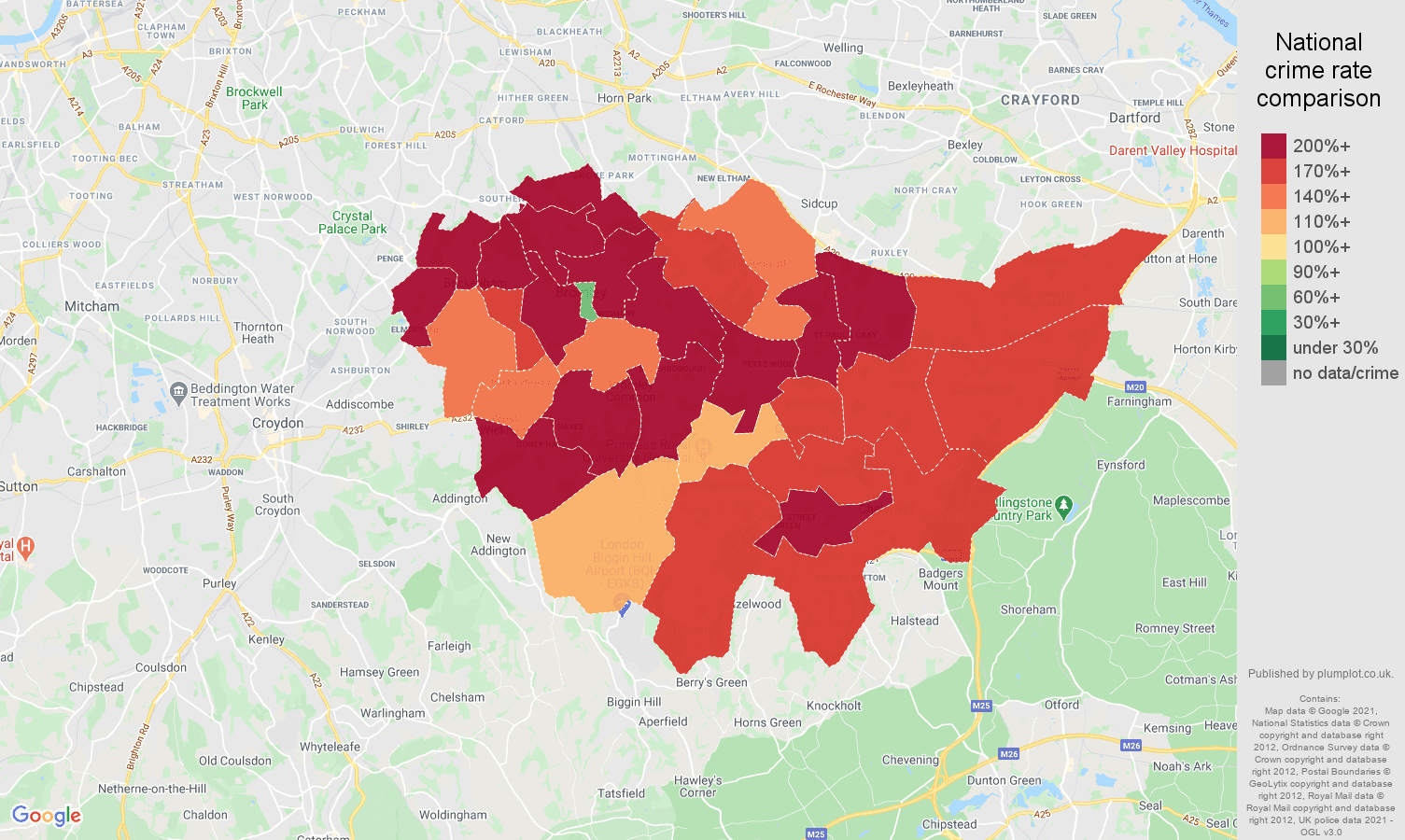 Bromley vehicle crime rate comparison map