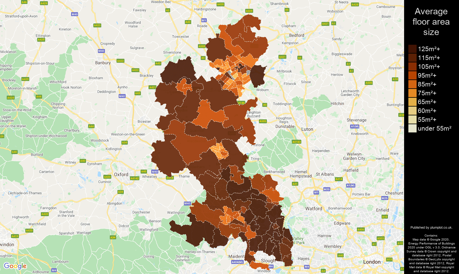 Buckinghamshire map of average floor area size of houses