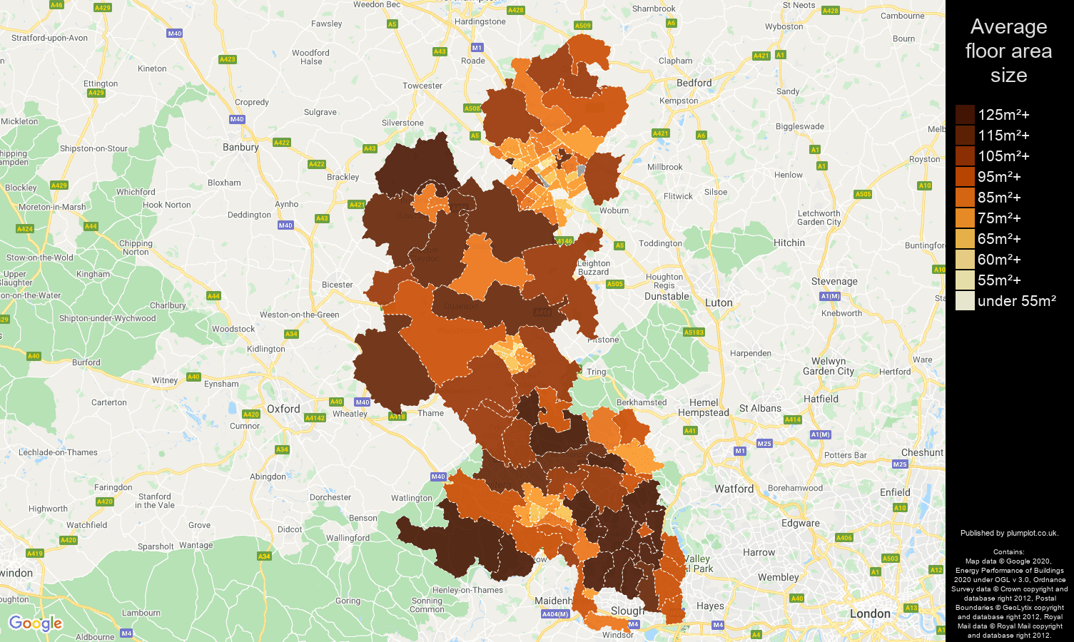 Buckinghamshire map of average floor area size of properties