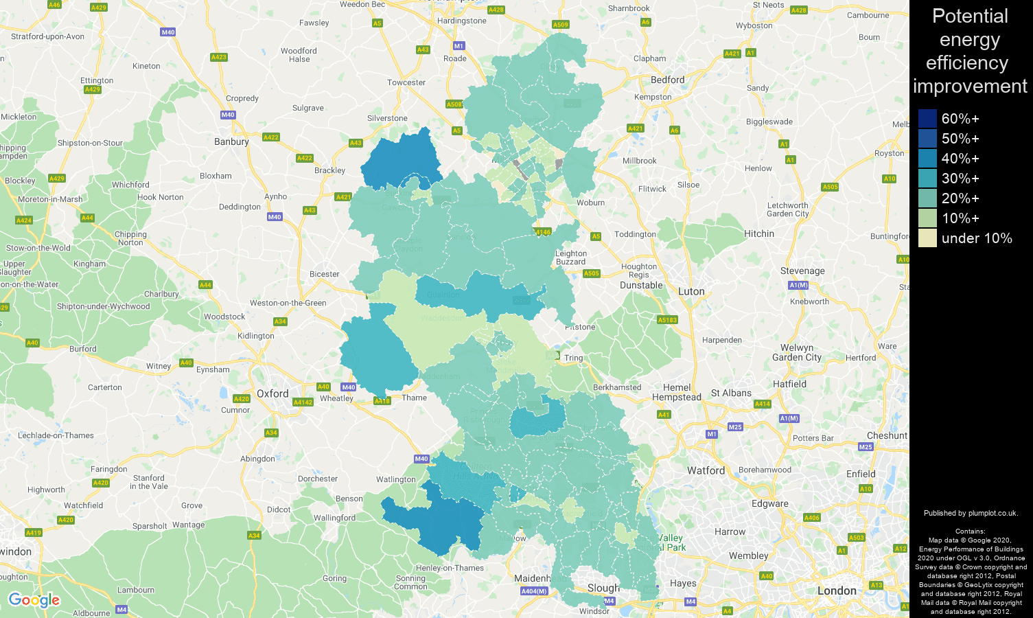Buckinghamshire map of potential energy efficiency improvement of houses