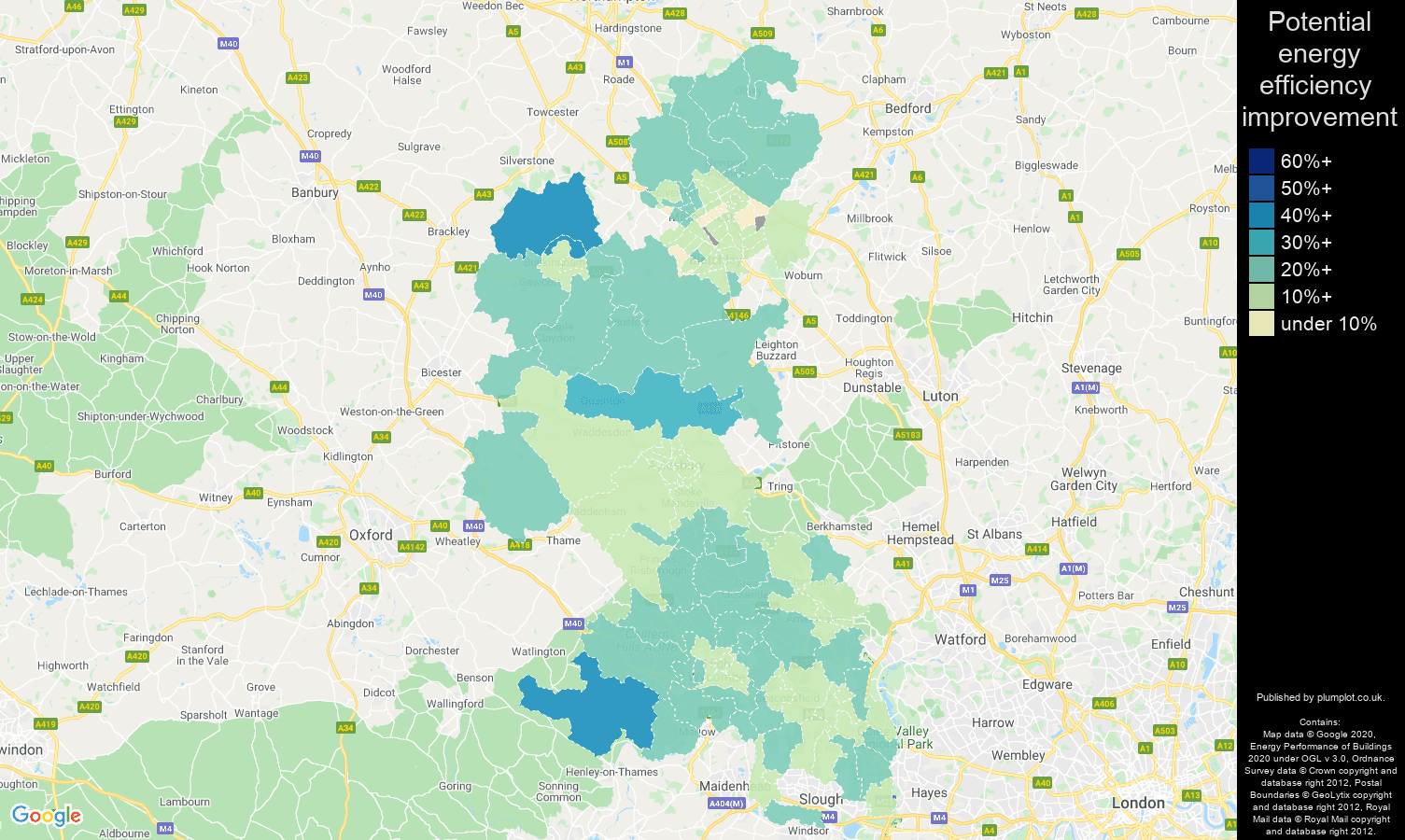 Buckinghamshire map of potential energy efficiency improvement of properties
