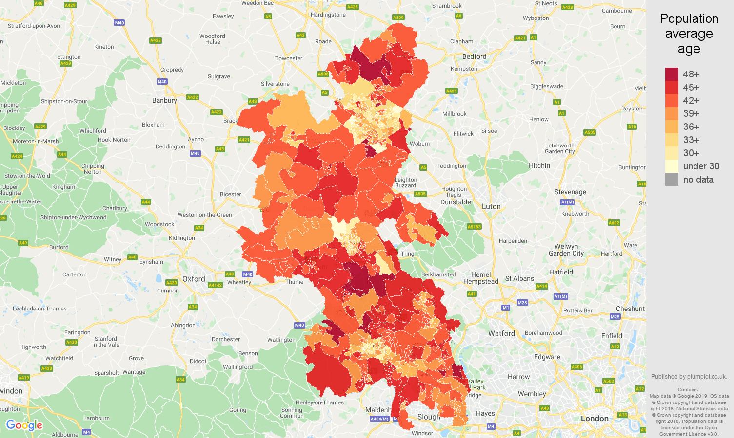 Buckinghamshire population average age map