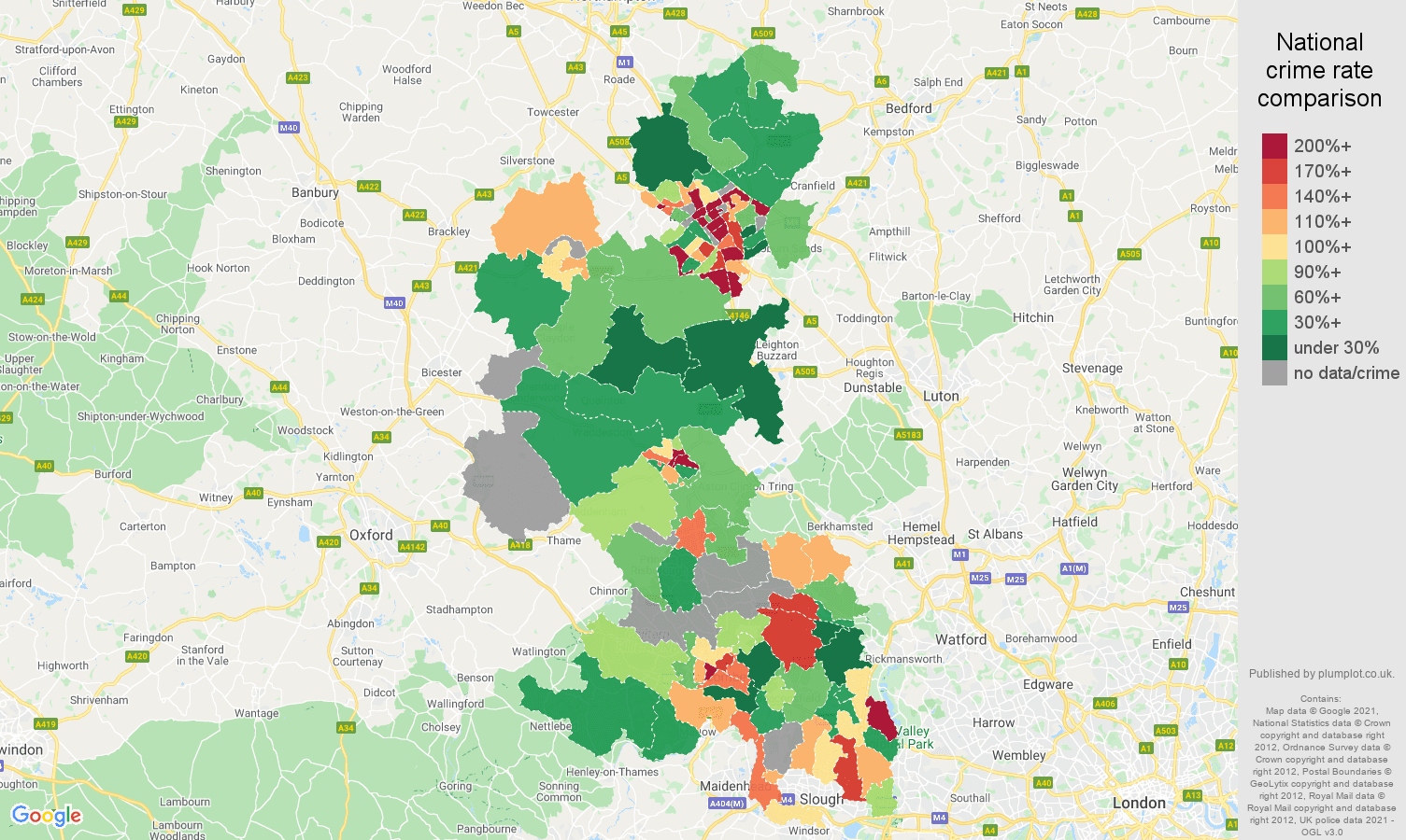 Buckinghamshire theft from the person crime rate comparison map