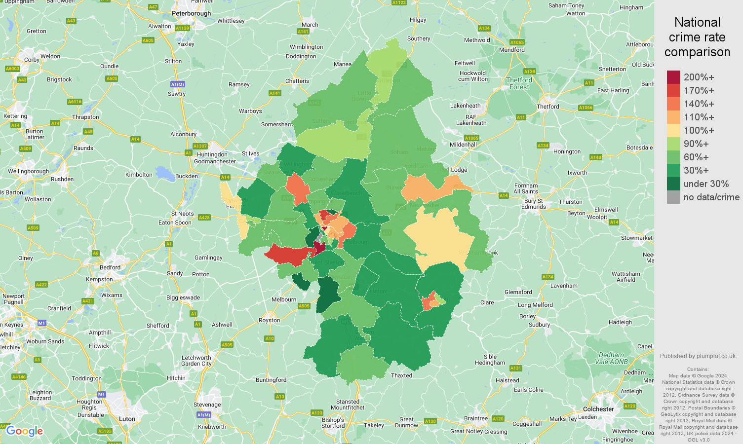 Cambridge criminal damage and arson crime rate comparison map