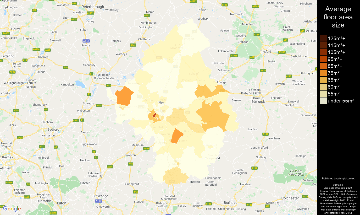 Cambridge map of average floor area size of flats