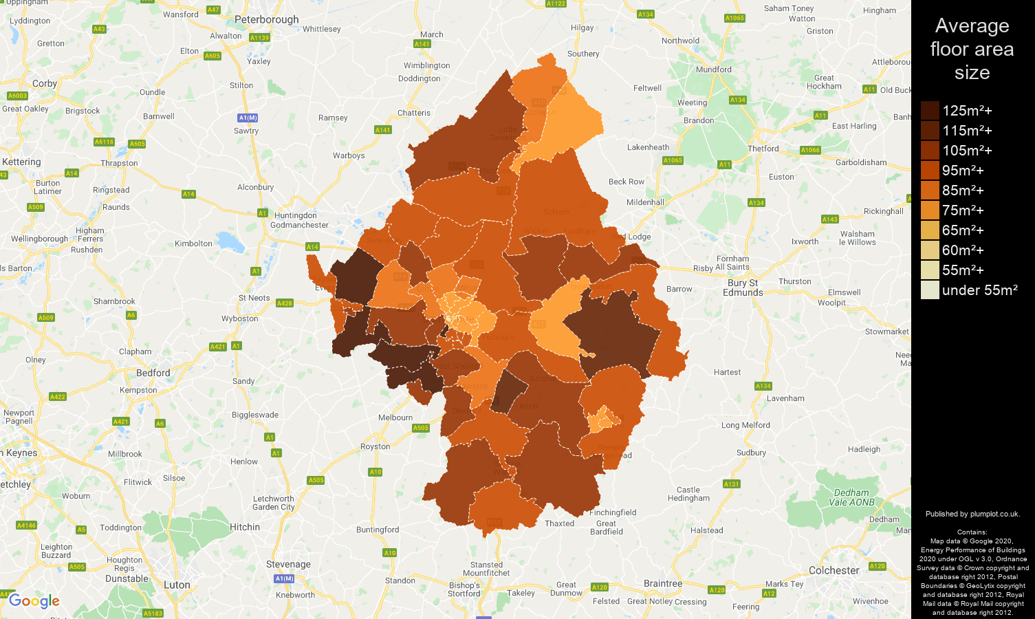 Cambridge map of average floor area size of properties