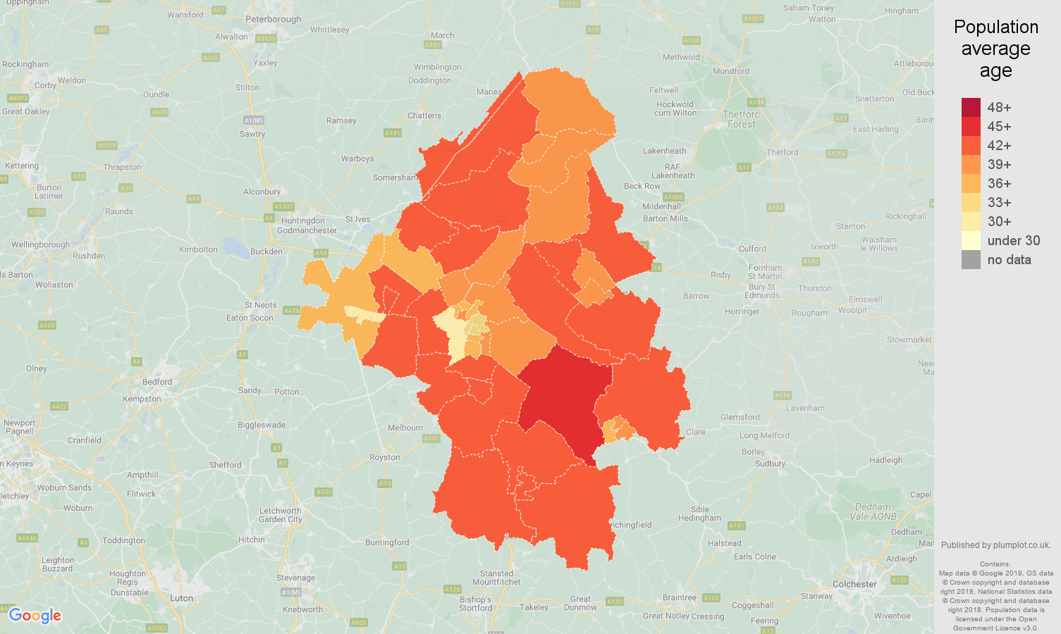 Cambridge population average age map
