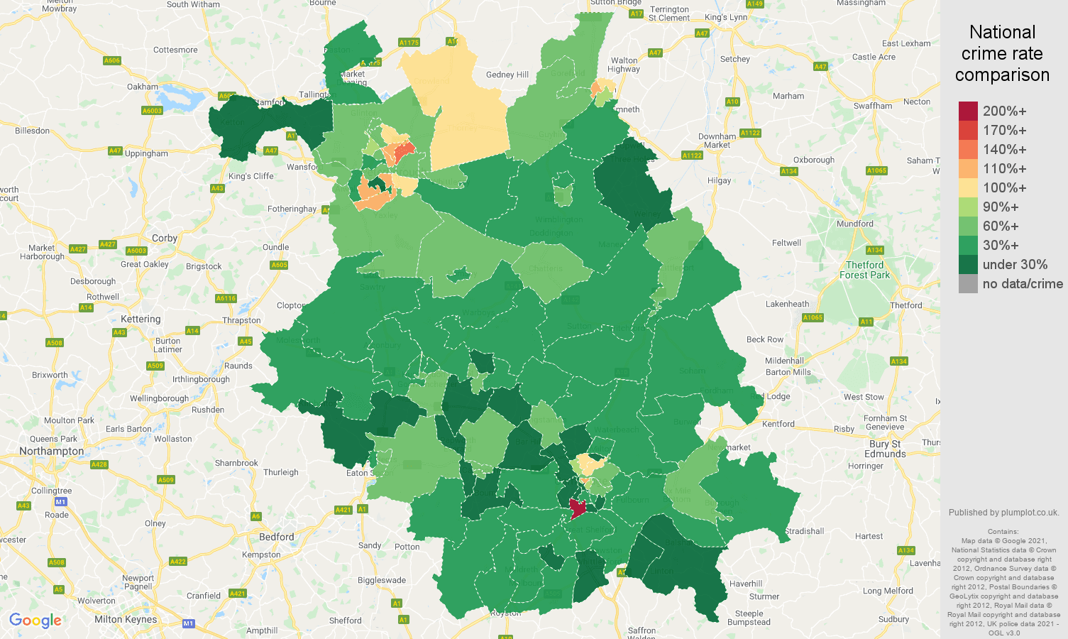Cambridgeshire antisocial behaviour crime rate comparison map
