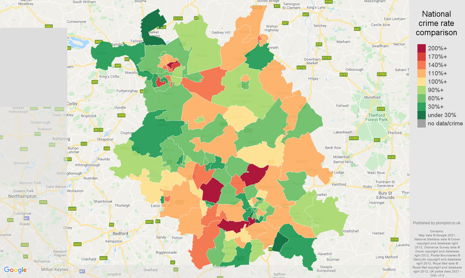 Cambridgeshire burglary crime rate comparison map
