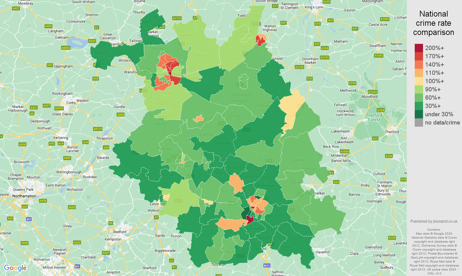 Cambridgeshire crime rate comparison map