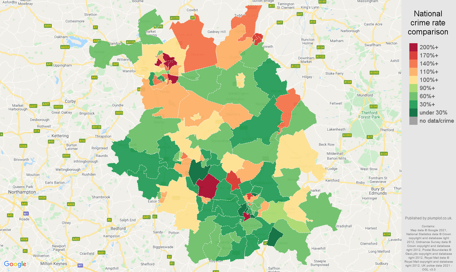 Cambridgeshire criminal damage and arson crime rate comparison map