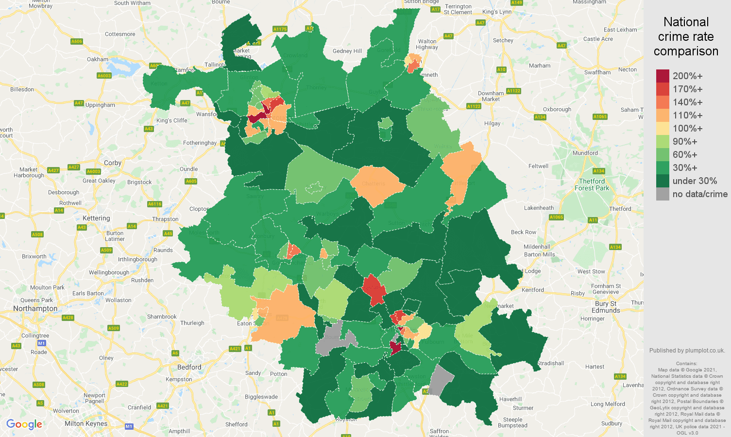 Cambridgeshire drugs crime rate comparison map