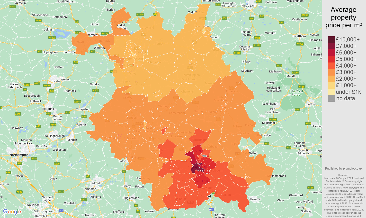 Cambridgeshire house prices per square metre map